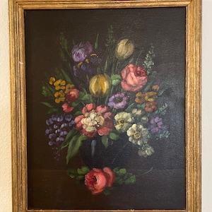 Original Oil Painting Signed By H.L. Sanger, Still Life Flowers, Original frame, 1900 century, On board, Free US Shipping,