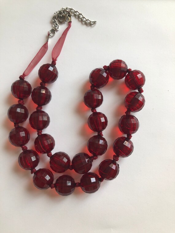 Vintage Plastic Bead Necklace, Chunky Red Bead Ne… - image 1