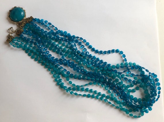 Vintage Plastic Bead Necklace, Aqua multi strand … - image 1