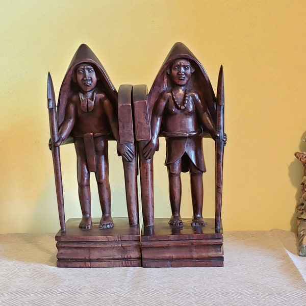 Pair of Hand Carved 11 & 1/2" tall Wooden Tribal Bookends