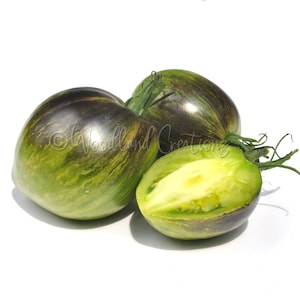 May include: Three heirloom tomatoes, two whole and one halved, against a white background. The tomatoes are green with dark green and brown stripes. The cut tomato reveals a pale yellow interior.