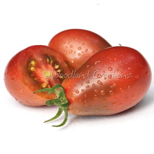May include: Three ripe, teardrop-shaped tomatoes, predominantly red with brown undertones. One is sliced open, showing the interior with seeds. Water droplets are visible on the skin. The tomatoes have green stems. The image is set against a white background.