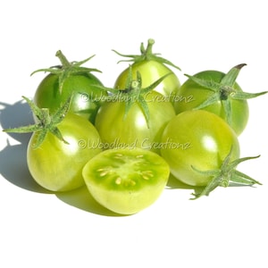 May include: A cluster of green tomatoes, some whole and some halved, showcasing their vibrant color and internal structure. The tomatoes have green stems and are set against a white background.