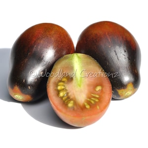 Könnte beinhalten: Drei Erbstücktomaten, zwei ganze und eine halbierte, vor weißem Hintergrund. Die Tomaten haben eine tief burgunderrote Farbe mit dunkelgrünen und schwarzen Farbtönen. Die angeschnittene Tomate zeigt ein rotes Inneres mit gelben Samen.