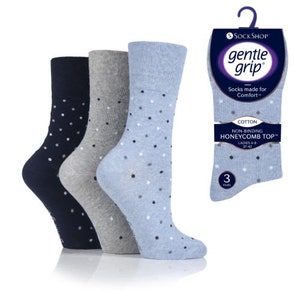 Ladies Gentle Grip Spot Blue Socks. 3 Pairs per Pack With Assorted Colours  as Shown. Size: UK 4-8 