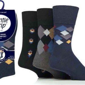 Men Gentle Grip Non Binding Honey Comb Loose Top Socks. 3 Pairs per Pack  with Assorted Designs (Shown as Photo). Size:- UK 6-11.