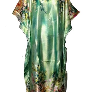 15048 Ladies 100% Polyester Woven Multi-colour Floral Border Print Soft Silky Satin Long Kaftan/Casual Dress. One Size Fit All:- UK 10-32