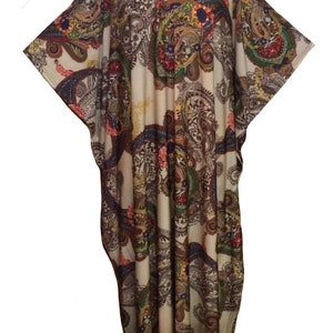 15124 Beige Ladies 100% Polyester Fine Korean Fabric Knitted Special Print Long Kaftan/Dress. One Size Fit All:- UK 10-32