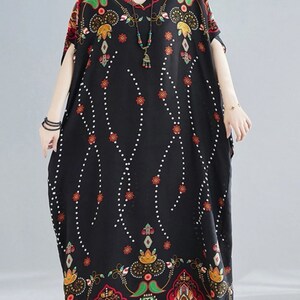 Fionalissa Ladies Black Woven Cotton Specific Shoulder & Border Print with 2 side pockets Long Kaftan/Dress. One Size fit All:- UK 10-28