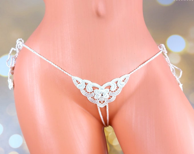 Crystal mini open thong, rhinestone flower lace, crochet sheer panties, extreme micro g-string, victorian gift for her, mature lingerie