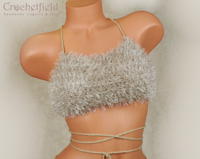 Faux fur beige crochet halter top with lace-up back, wrap around, fluffy festival top, beach crop top, open back party top, furry bra