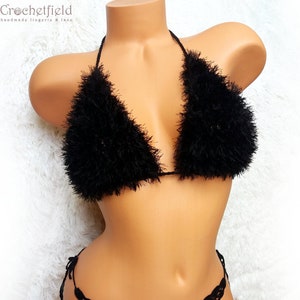 Fluffy faux fur black crochet bra top, Fur bikini top, furry festival top, beach halter top, open back party top, fuzzy crop top