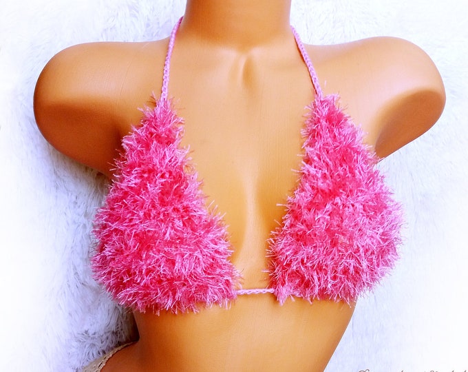 Fluffy faux fur pink crochet bra top, furry festival top, beach halter top, open back party top, fuzzy crop top