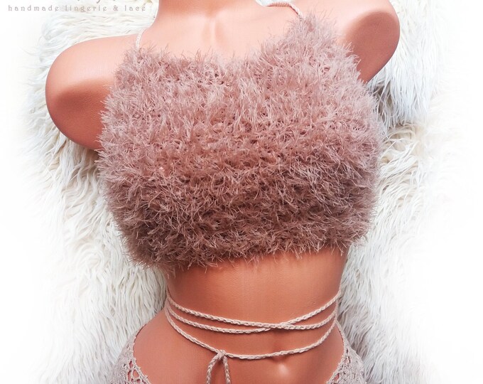 Faux fur warm beige crochet halter top with lace-up back, wrap around vest, fluffy festival top,beach crop top,open back party top,furry bra