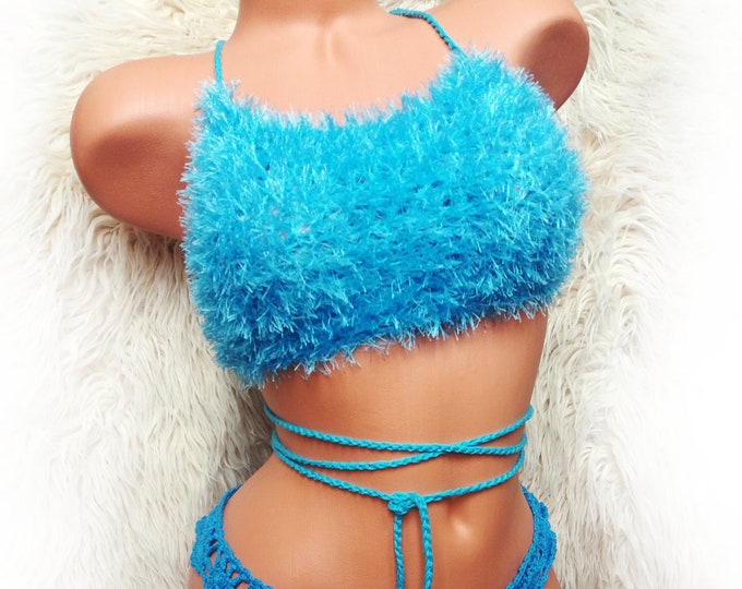 Faux fur turquoise crochet halter top with lace-up back, wrap around vest, fluffy festival top, beach crop top, open back top, furry bra