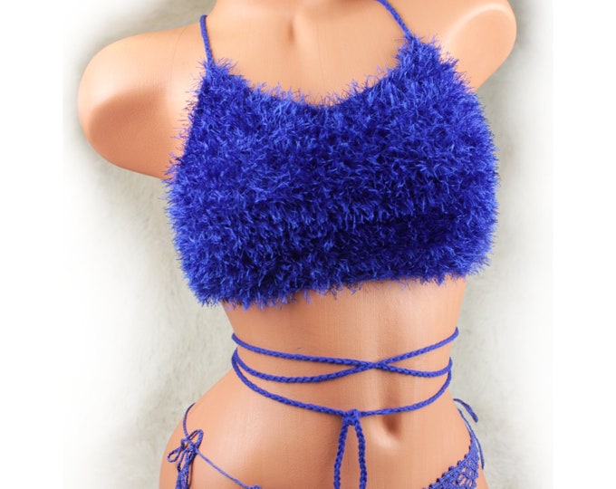 Faux fur royal blue crochet halter top with lace-up back, wrap around, fluffy festival top, beach crop top, open back party top, furry bra