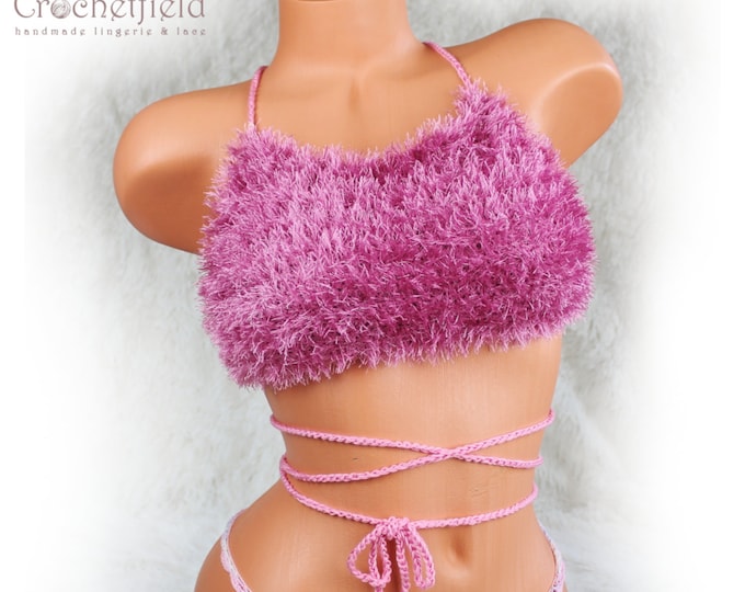 Faux fur dark pink crochet halter top with lace-up back, wrap around, fluffy festival top, beach crop top, open back party top, furry bra
