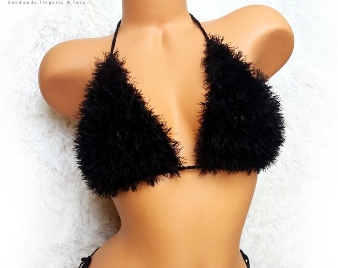 Fluffy faux fur black crochet bra top, Fur bikini top, furry festival top, beach halter top, open back party top, fuzzy crop top