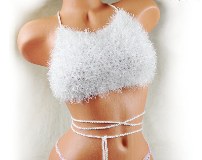 Faux fur white crochet halter top with lace-up back, wrap around vest, fluffy festival top, beach crop top, open back party top, furry bra