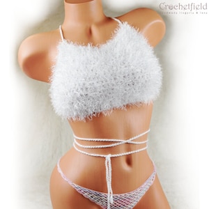 Faux Fur Warm Beige Crochet Halter Top With Lace-up Back, Wrap