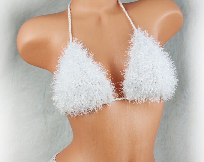 Fluffy faux fur white crochet bra top, furry festival top, beach halter top, open back party top, fuzzy crop top