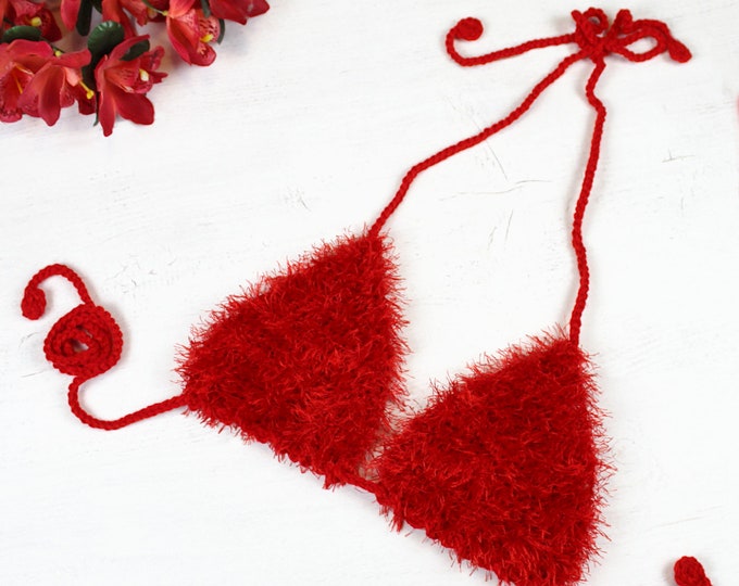 Fluffy faux fur red crochet bra top, furry festival top, beach halter top, open back party top, fuzzy crop top