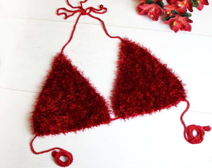 Faux fur dark red crochet bra top, Fur bikini top, furry festival top, Fluffy beach halter top, open back party top, fuzzy crop top