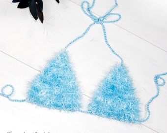 Fluffy faux fur light turquoise crochet bra top, furry festival top, beach halter top, open back party top, fuzzy crop top