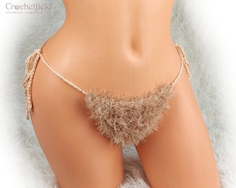 Warm beige furry thong, fluffy boho g-string, beach panties, fuzzy g-string, handmade gift for her, beach bikini