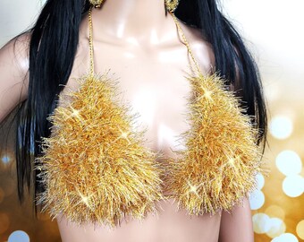 Gold Shimmering Eyelash Yarn Bra Top, Y2K Cyber Rave Festival Bralette
