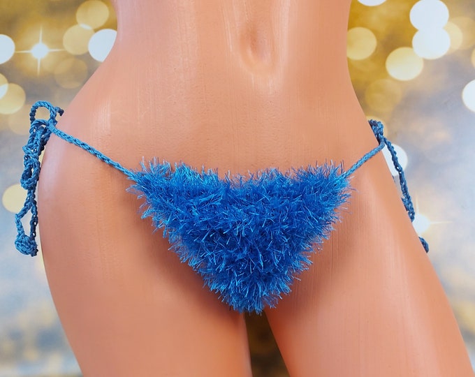 Blue furry thong, fluffy boho g-string, beach panties, fuzzy g-string, handmade gift for her, beach bikini