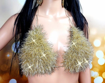 Gold Fuzzy Bra Top, Y2K Cyber Rave Festival Bralette, Glittering Eyelash Yarn