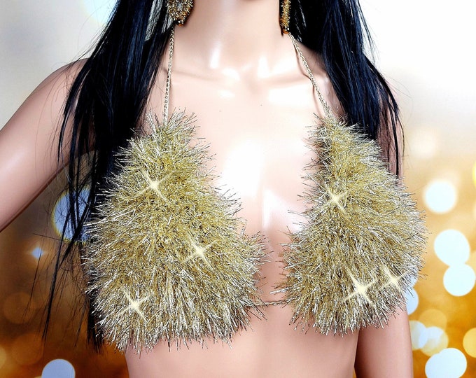 Sparkling fur light gold top, metallic furry festival top, glittering halter top, evening top, faux fur bra, shiny top, fur bikini top