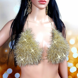Sparkling fur light gold top, metallic furry festival top, glittering halter top, evening top, faux fur bra, shiny top, fur bikini top