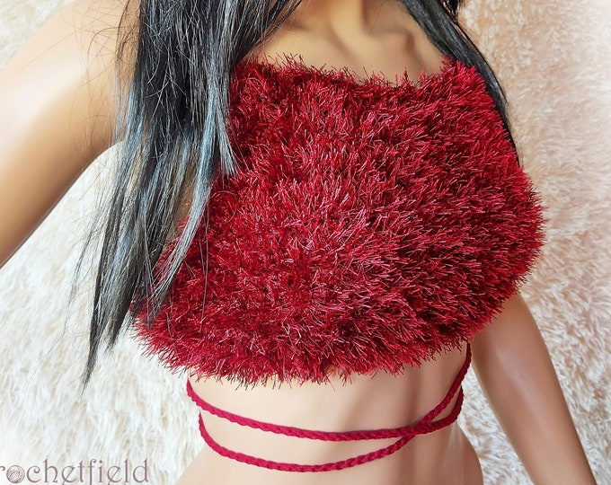 Faux fur burgundy crochet halter top with lace-up back, wrap around vest, fluffy festival top,beach crop top,open back party top,furry bra