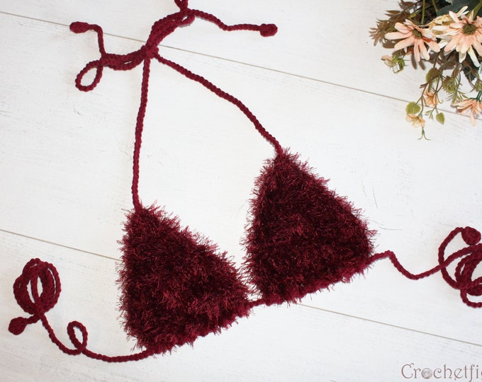 Fluffy faux fur burgundy crochet bra top, furry festival top, beach halter top, open back party top, fuzzy crop top