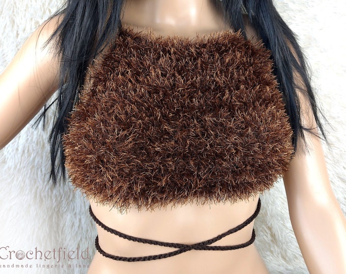 Faux fur brown crochet halter top with lace-up back, wrap around, fluffy festival top, beach crop top, open back party top, furry bra