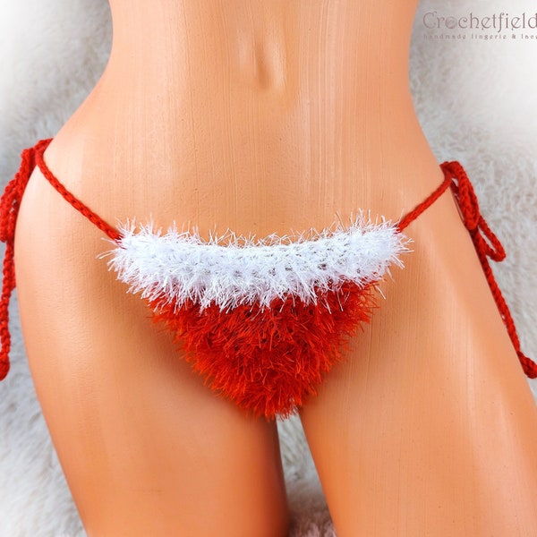 Kerst rode harige string, pluizige boho g-string, Santa strand slipje, fuzzy g-string, handgemaakt cadeau voor haar, Kerst bikini