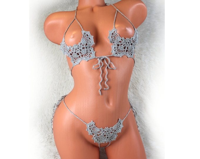 Silver Butterfly open crochet lingerie set, ouvert panties and bra, brazilian bikini, cheeky lingerie, gift for her, mature lingerie