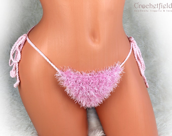 Light pink furry thong, fluffy boho g-string, beach panties, fuzzy g-string, handmade gift for her, beach bikini
