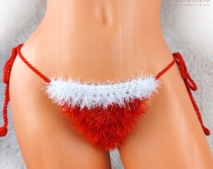 Christmas red furry thong, fluffy boho g-string, Santa beach panties, fuzzy g-string, handmade gift for her, Xmas bikini