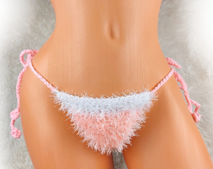 Xmas candy pink fluffy thong, furry boho g-string, Santa beach panties, fuzzy g-string, handmade gift for her, Christmas bikini