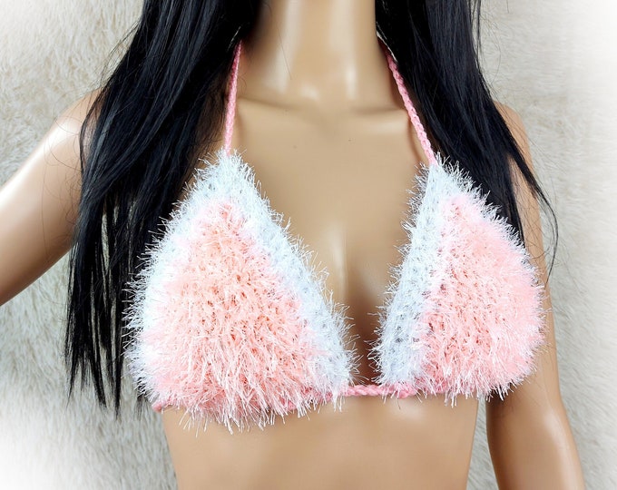 Santa fluffy faux fur candy pink bra top, Christmas cosplay costume, furry festival top, crochet Xmas party top, fuzzy crop top, Snow Maiden