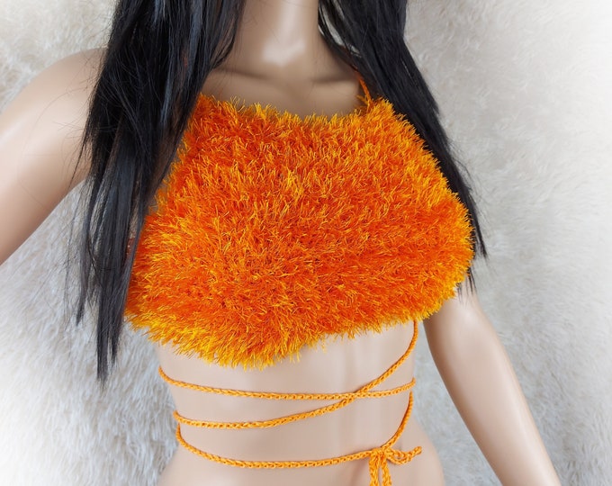 Faux fur dark orange crochet halter top with lace-up back, wrap around furry bra, fluffy festival top,beach crop top,open back party top,
