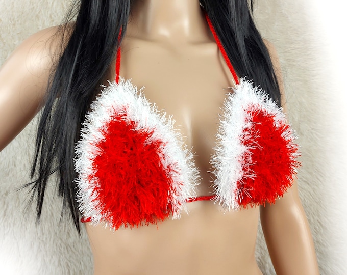 Christmas fluffy faux fur red crochet bra top, Santa cosplay, furry festival top, open back party top, fuzzy crop top, christmas costume