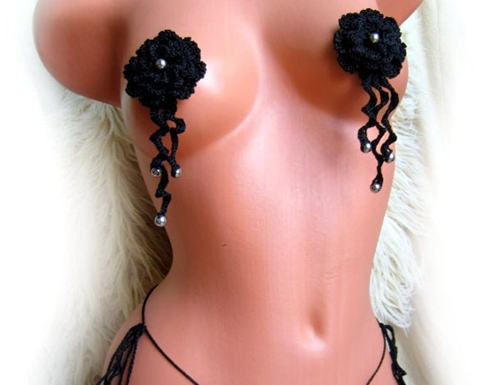 Crochet FLOWERS lingerie with nipple pasties, beaded nipple tassels, lace erotic lingerie, nipple covers jewelry, open crotch, gift for her