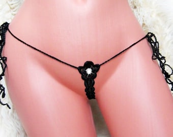 Rhinestone Flower Crochet Micro Thong, Handmade Open Panty