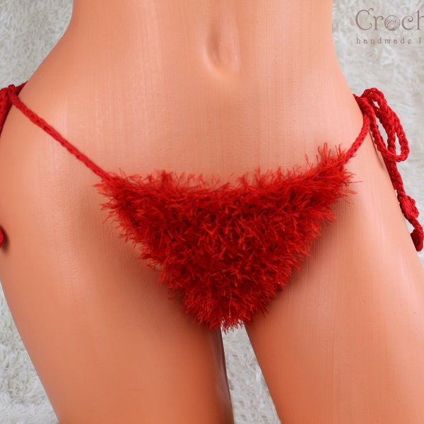 Rode harige string, pluizige boho g-string, strandslipje, fuzzy g-string, handgemaakt cadeau voor haar, strandbikini