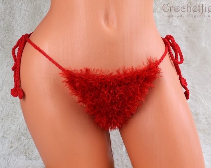 Red furry thong, fluffy boho g-string, beach panties, fuzzy g-string, handmade gift for her, beach bikini