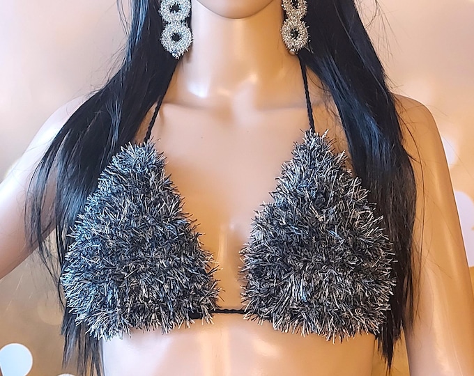 Fluffy faux fur black & white crochet bra top, furry festival top, beach halter top, open back party top, fuzzy crop top